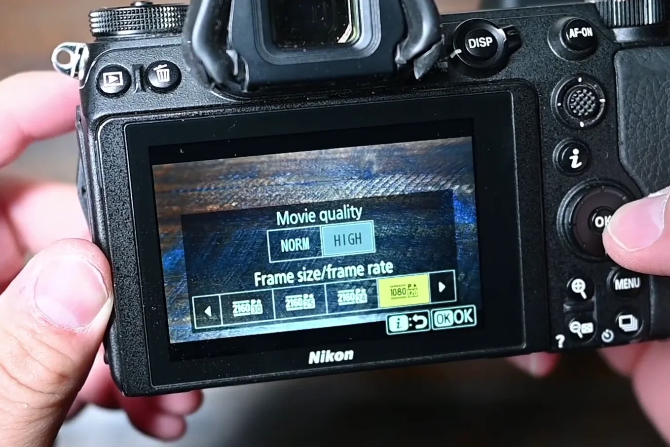 Nikon Z6 LCD screen displaying video resolution settings menu
