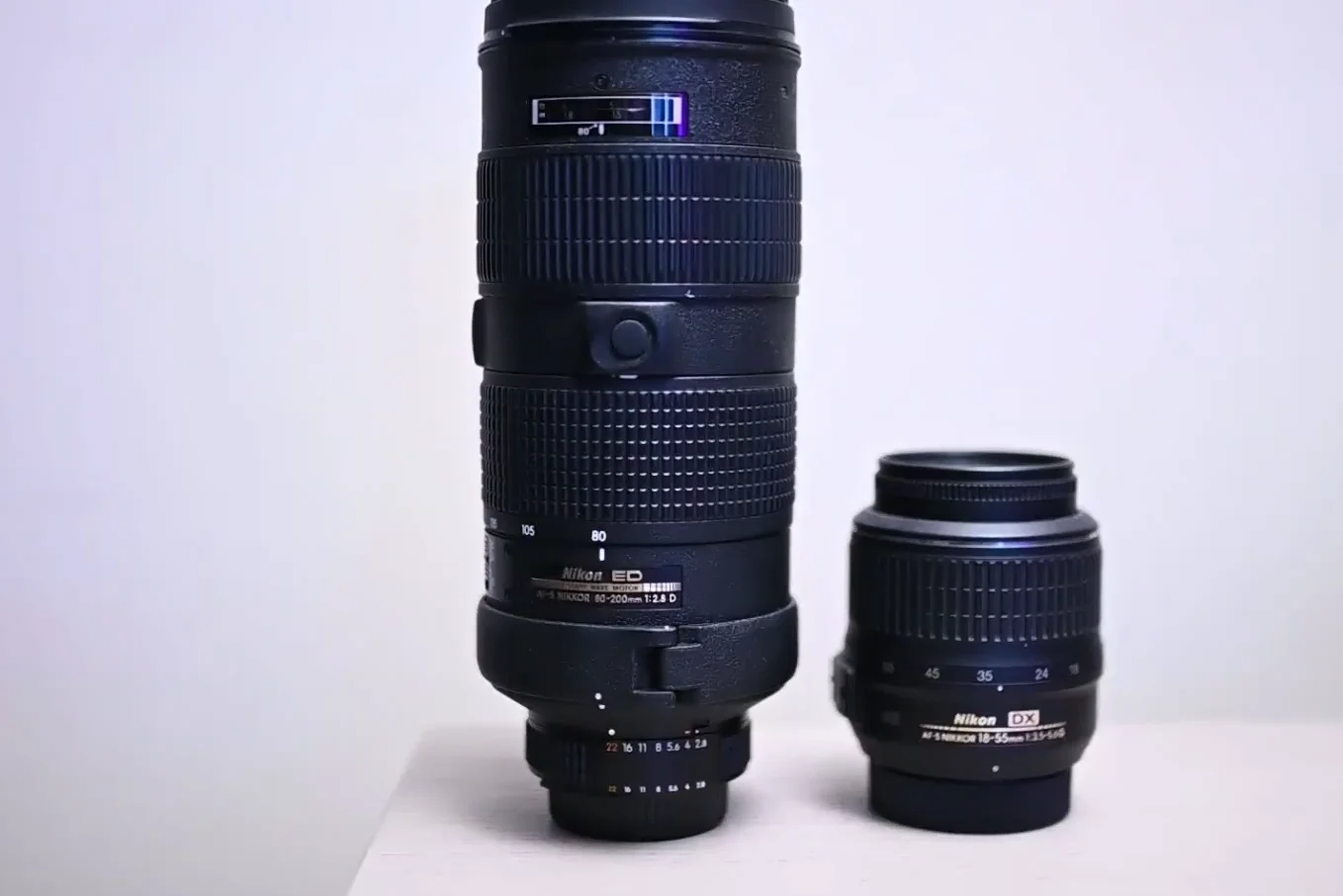 Size comparison of the massive 80-200mm lens next to standard 50mm and 85mm prime lenses