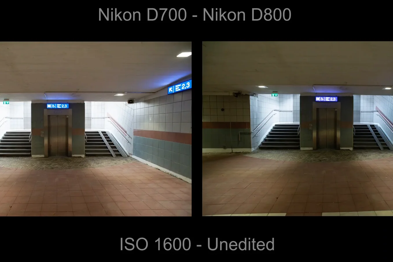 Subway station interior shot at ISO 1600 side by side